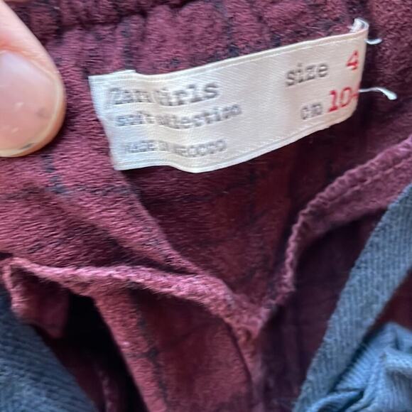 ZARA GIRLS Linen Cotton Blend Burgundy & Navy Plaid Tie Bow Overalls Size 4 - Picture 2 of 3